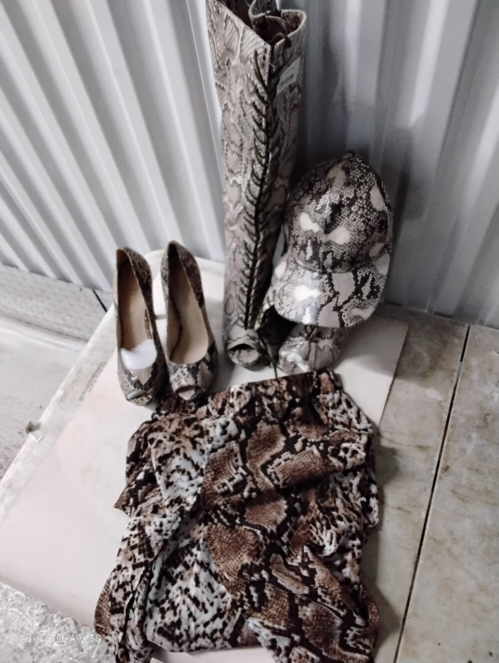 6PC Snake Print Boots, Heels, Cap and Scarf Set - Neutral Brown Snake Pattern